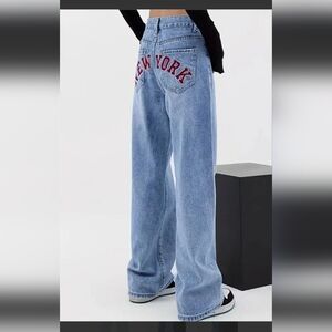 Light Blue Wide-Leg Jeans with Red 'NEW YORK' Embroidery